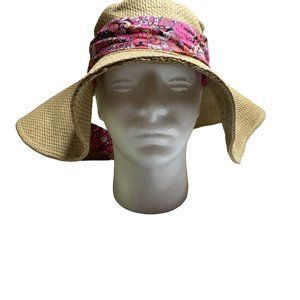 Juicy Couture Wide Brim Beach Hat w/ Juicy Pin Pink Scarf Beige Adjustable Brim